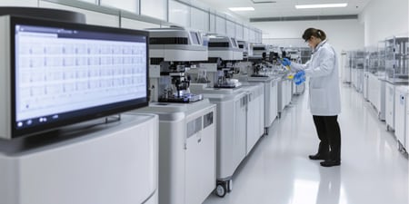 Technician working in a clean, modern lab surrounded by automated testing equipment.
