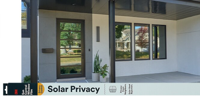 3M™ Sun Control Window Film Solar Privacy on windows next to a front door, reflective so you can’t see into the house.
