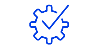 Icon of a gear with a checkmark within, the icon is a blue line illustration with a white background.
