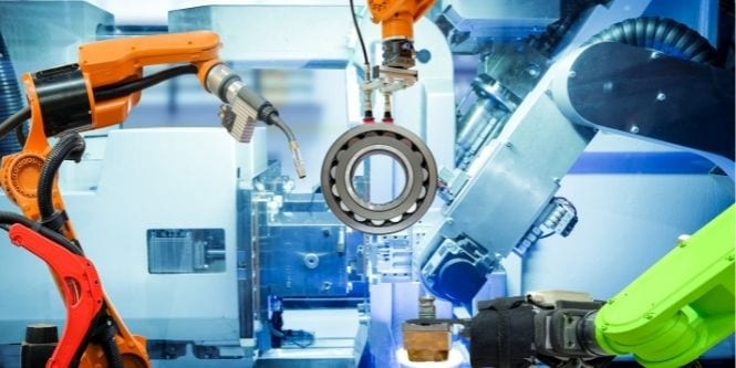 Stylized image highlighting factory automation machinery.
