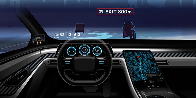Head-up display for HMI showing the interior of a sedan.