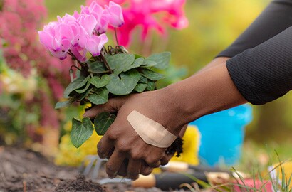 A hand with a Nexcare&trade; Duo Fabric Bandage on it, holding a plant.