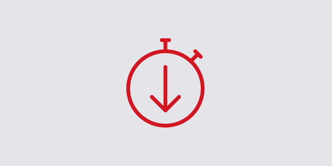 Icon for reduced equipment downtime showing a stopwatch with an arrow pointing down.
