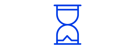 Icon of an hourglass, the icon is a blue line illustration with a white background.
