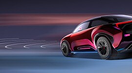 Sensor technology image of a red sedan with sensor frequencies emitting from the front of the vehicle.