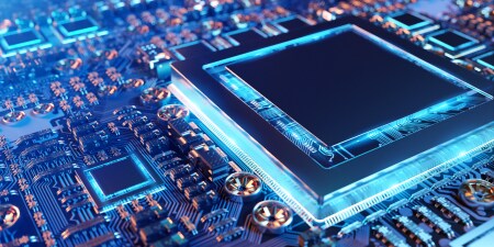 Close-up view of a modern GPU card with circuit and colorful lights and details 3D rendering.
