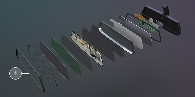 3M™ 얇은 접착 테이프, 3M™ VHB™ 테이프 사용 사례, 3M™ 구조용 접착 테이프가 적용된 미러 버튼 사용 사례를 보여주는 3M 디스플레이 접착 분해도.