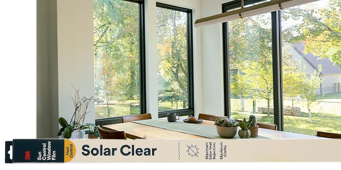 3M™ Sun Control Window Film Solar Clear on windows in a bright dining room.
