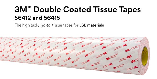 A roll of 3M™ Double Coated Tissue Tape 56412 is shown lengthwise.
