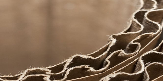 Detailed  view of a recycled corrugated cardboard roll, highlighting the interior wavy fluting.
