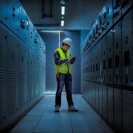 Worker in a hard hat and safety vest inspecting equipment in a data center