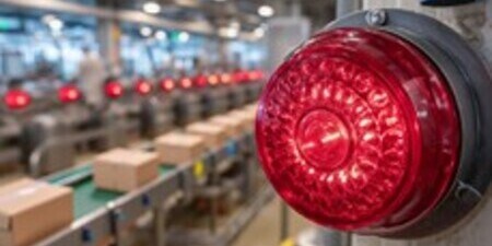 A large, glowing red industrial alarm light in a factory setting with a conveyor line in the background.
