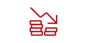 Downward arrow above stacked coins illustrating cost reduction benefits of FAA PMA parts for lowering OEM material expenses.
