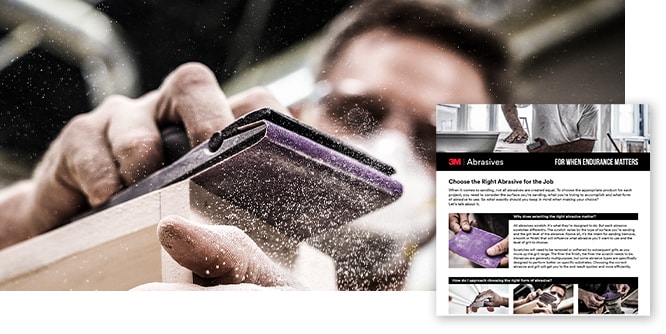 Hands sanding wood with a purple 3M sanding block next to a 3M Abrasives product selection guide.
