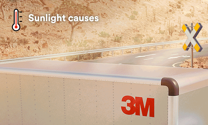 Illustration showing 3M Cooling Film reflecting heat away from a railcar rooftop.
