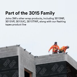 A building construction site with two construction workers in view, where 3M™ Air Barrier with Non-Woven Permeable Backing 3015VP-NW is being used on the building