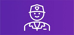 Person wearing uniform icon in white on purple background
