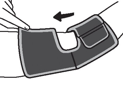 Loosly attaching straps and pulling elbow support over arm.