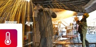 Workers welding an industrial structure as bright golden sparks fly downward, featuring a thermometer icon.

