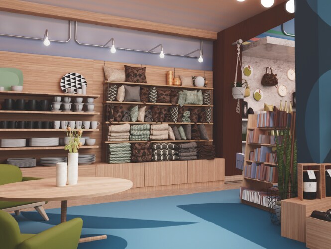 Cozy retail space with wooden shelving, decorative items, and a seating area, showcasing a blend of style and functionality.
