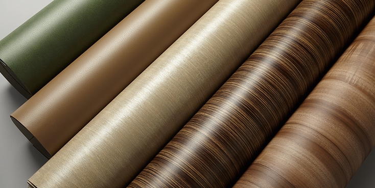Rolls of 5 different types of architectural finishes including wood, leather etc.
