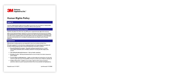 3M Human Rights Policy document page outlining applicability, purpose, and requirements for employees.
