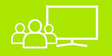 An icon depicting three people in front of a large screen, symbolizing a group presentation or a team meeting. The background is a bright green color.
