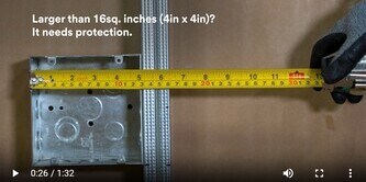 A measuring tape showing dimensions of an electrical box larger than 16 square inches, indicating the need for protection.
