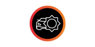Car with sun graphic emblem.
