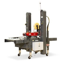 A 3M-Matic industrial case sealer machine with tape rolls, used for automated box packaging.