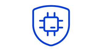 Icon of a shield with a computer chip within, the icon is a blue line illustration with a white background.

