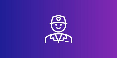 Person wearing uniform icon in white on purple gradient background
