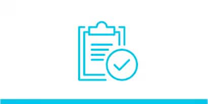 Blue line art icon of a checklist.
