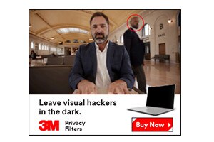 This is the 3M&trade; Visual Hacking campaign, featuring a static banner asset, showing Travel and Remote Work, with a 'Buy Now' call-to-action, for en_US-speaking audiences, with dimensions of 336x280, available in jpg format (25V01).