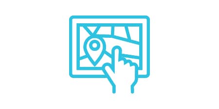 Maximize brightness and efficiency for better readability icon of a person touching a screen with a map on it.
