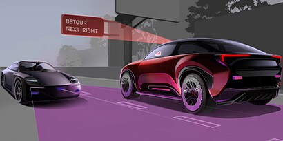 Red sedan showing the sensor technology from 3M.
