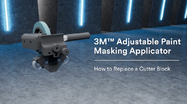 Video still of the tool with text “3M™ Adjustable Paint Masking Applicator: Replace a Cutter Block”
