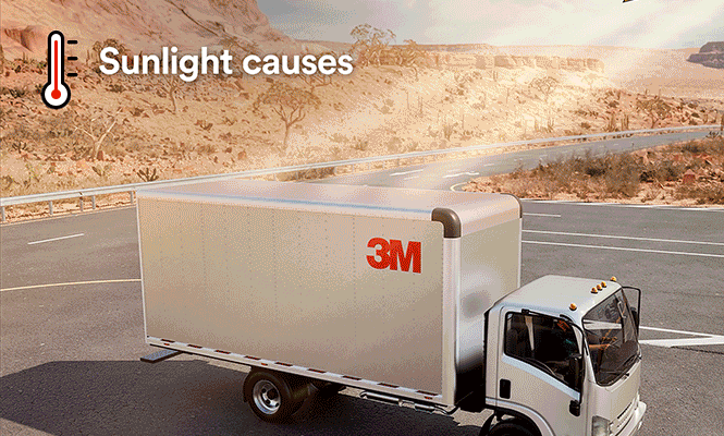 Side‑by‑side comparison showing 3M Cooling Film reducing rooftop heat.
