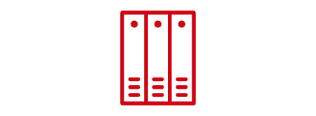 Red icon depicting upright data center server racks.
