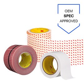 Rolls of 3M™ Corrosion Prevention Sealing Tape 9143FR, 3M™ Polyurethane Protective Tape 8657DL, 3M™ Polyurethane Protective Tape 8658DL, and 3M™ Aerospace Sealant AC-350.