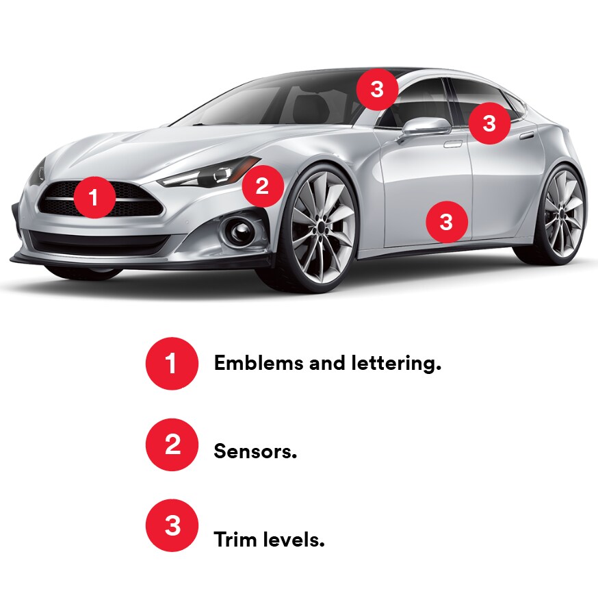 Sedan with hot spots on it showing where 3M's automotive attachments can be used.