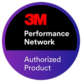 3M Performance Network Authorized Product badge with a red 3M logo on a black and purple circular background