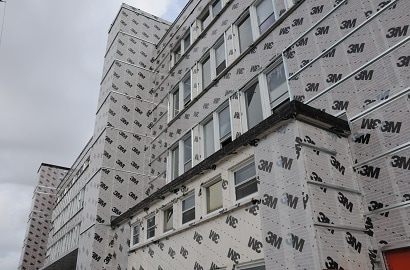 Building exterior covered with 3M air barrier membrane