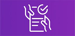 Person wearing uniform icon in white on purple background