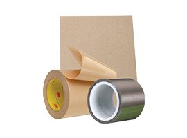 Three rolls of 3M conductive and adhesive tape with an upright backing sheet displayed together on a white background.