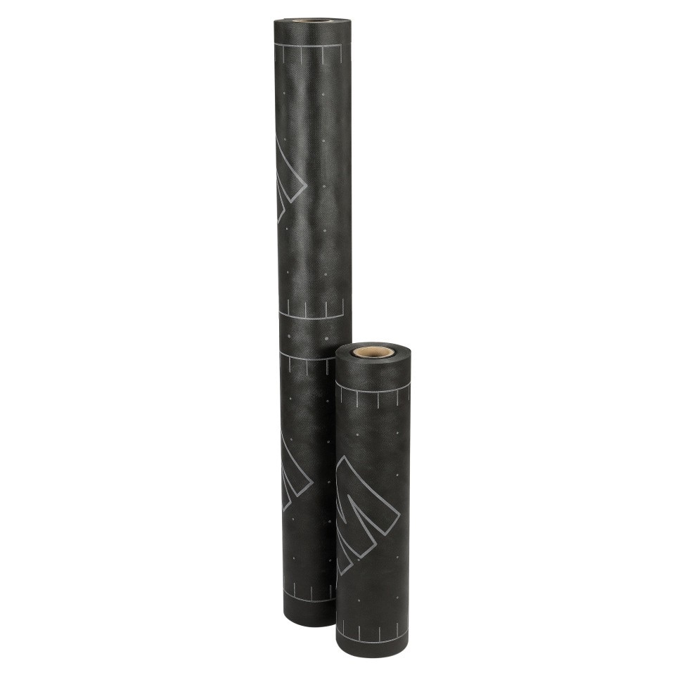 Two black textured construction membrane rolls of different heights, with gray measurement markings and a stylized 3M logo.