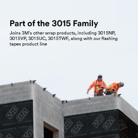 A building construction site with two construction workers in view, where 3M™ Air Barrier with Non-Woven Permeable Backing 3015VP-NW is being used on the building
