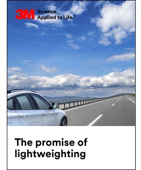 Cover of “The promise of lightweighting” eBook showing image of car driving on a road