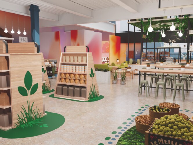 Spacious store interior with wooden shelves, colorful walls, and seating area, emphasizing a modern and eco-friendly design.
