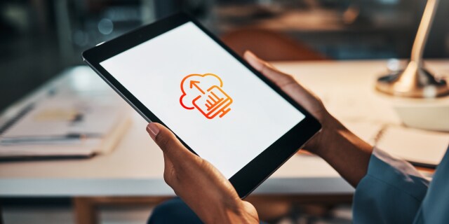 person holding tablet with access channel portal app interface